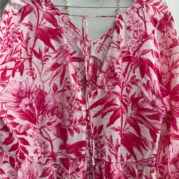H&M Pink and White Floral summer Dress babydoll knee length v-neck long sleeve - Picture 10 of 12